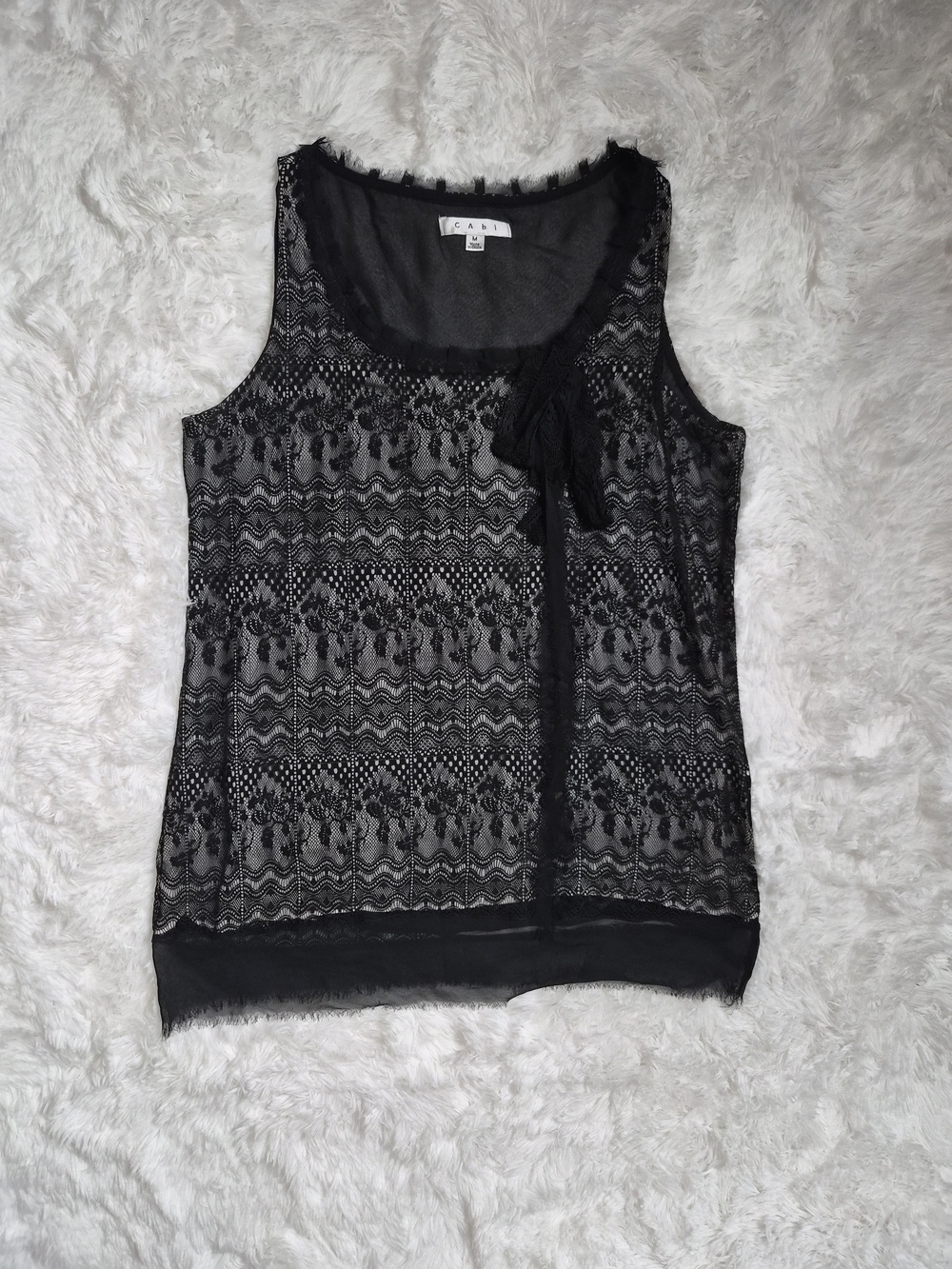 Womens CAbi Blouse Sleeveless Black Lace Overlay Top Bow 552 Black Emily Chic ✨️
